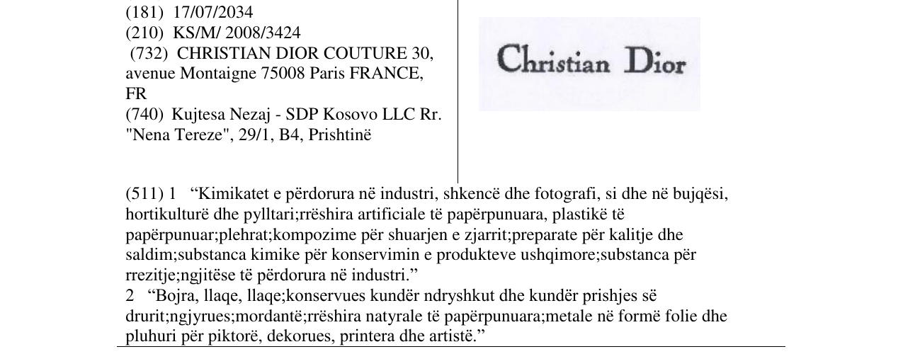 Zëri i markës Christian Dior në buletin