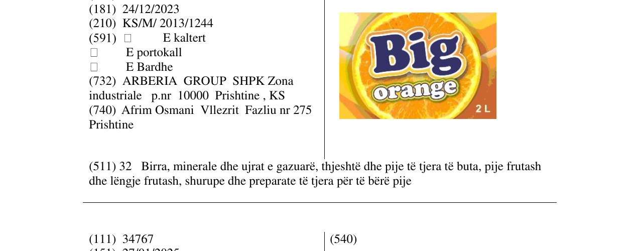 Zëri i markës Big orange 2l në buletin