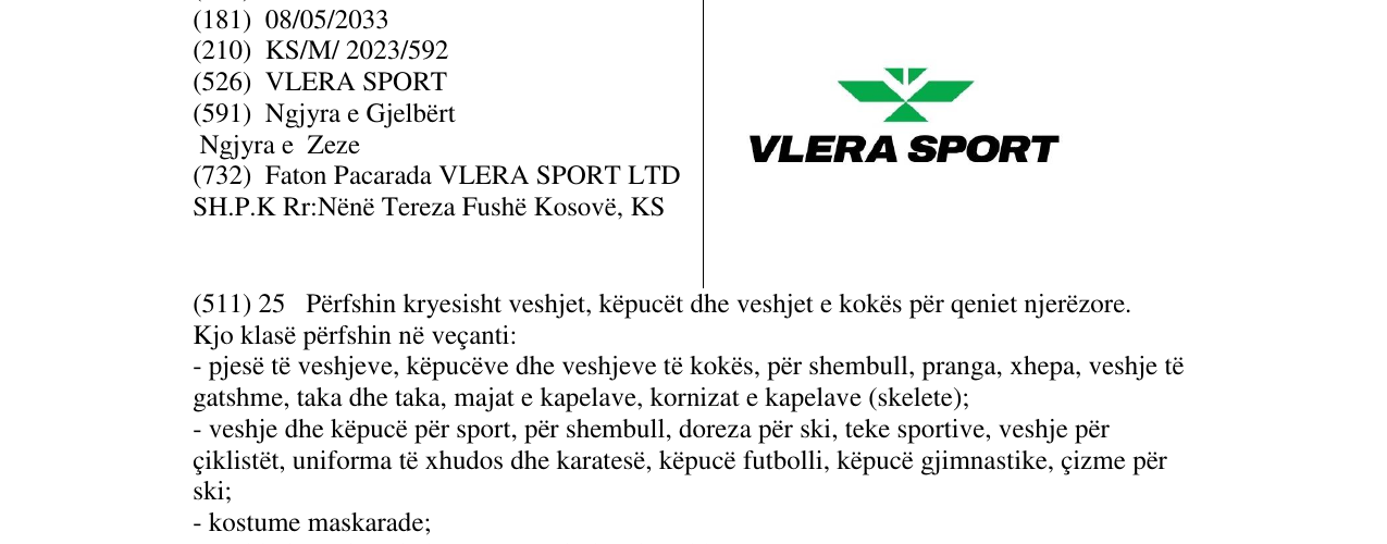 Zëri i markës VLERA SPORT në buletin