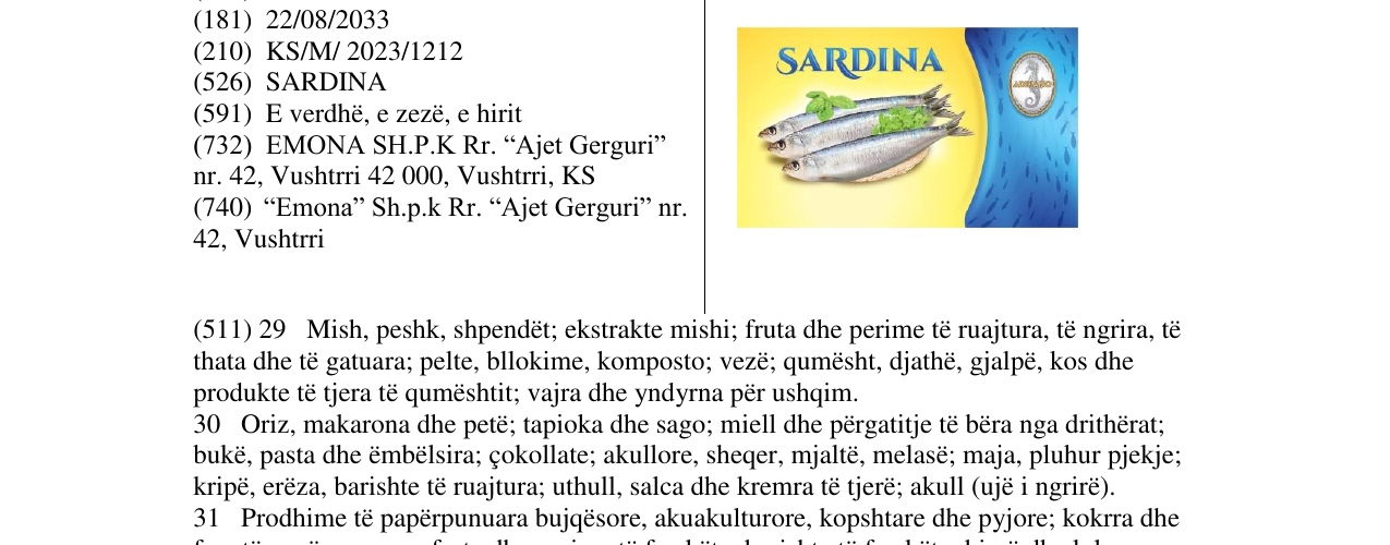 Zëri i markës SARDINA në buletin