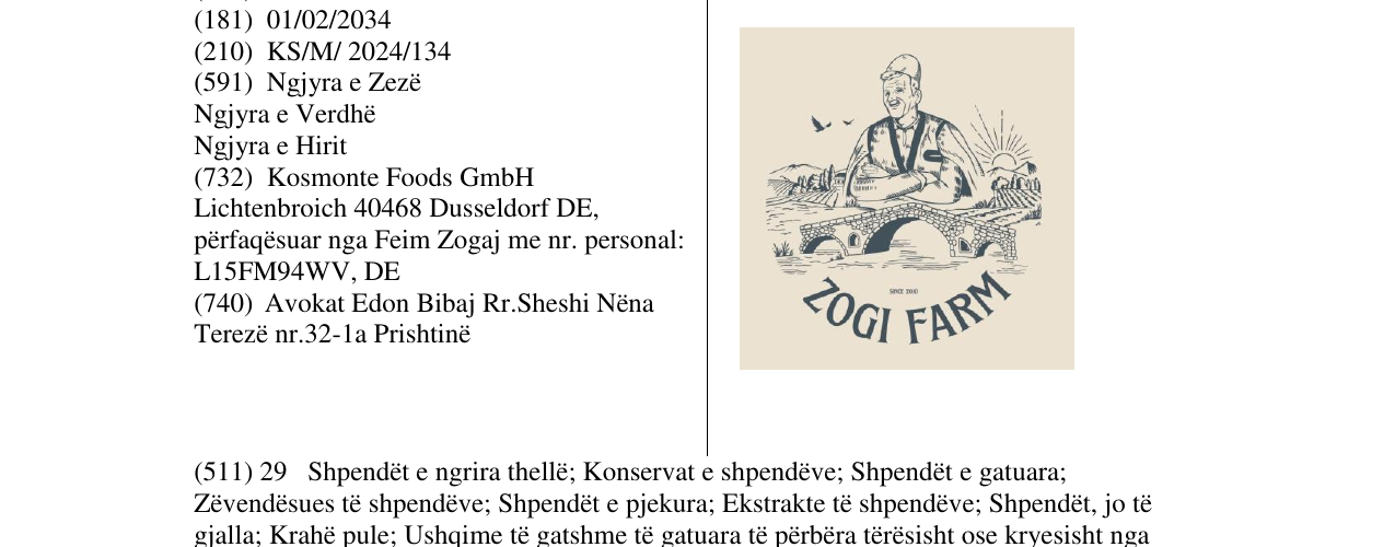 Zëri i markës ZOGI FARM në buletin