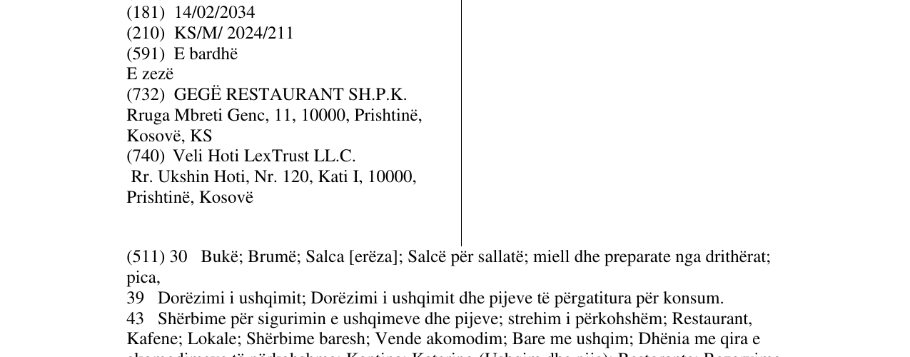 Zëri i markës Gegë Restaurant në buletin