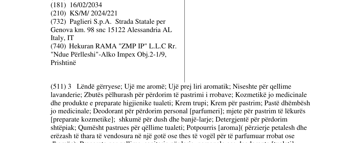 Zëri i markës PAGLIERI në buletin
