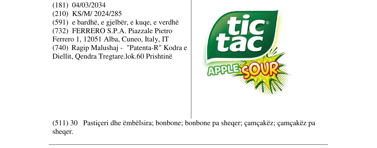 Zëri i markës tic tac APPLE SOUR në buletin