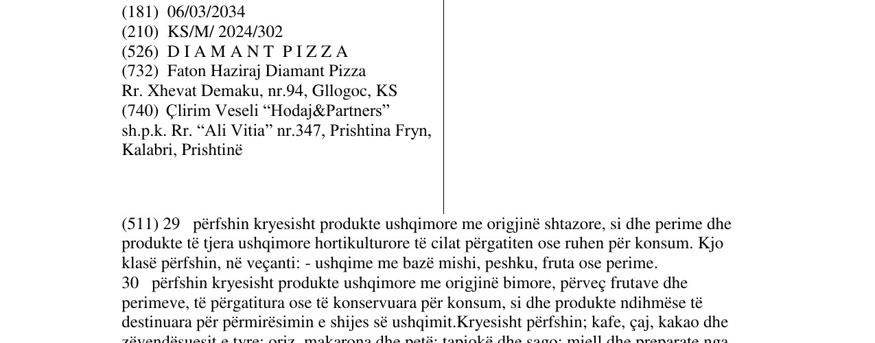 Zëri i markës D I A M A N T P I Z Z A në buletin