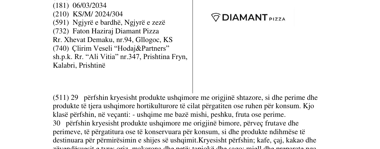 Zëri i markës DIAMANT PIZZA në buletin