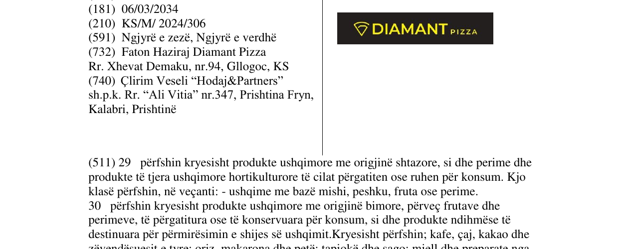 Zëri i markës DIAMANT PIZZA në buletin