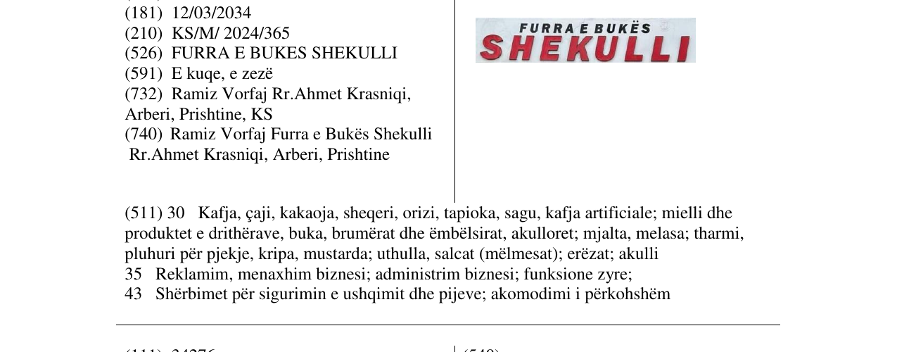 Zëri i markës FURRA E BUKES SHEKULLI në buletin