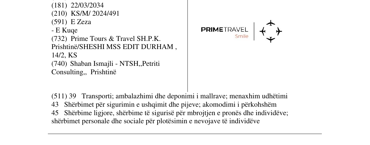 Zëri i markës PRIME TRAVEL SMILE në buletin