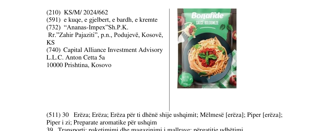 Zëri i markës salcë Bolognez në buletin