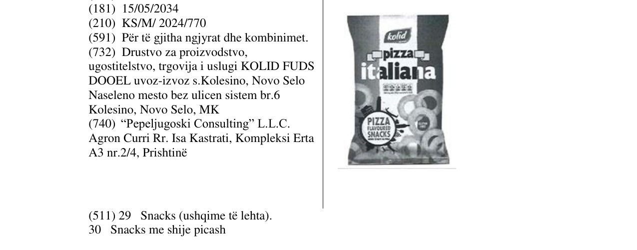 Zëri i markës kolid pizza italiana në buletin