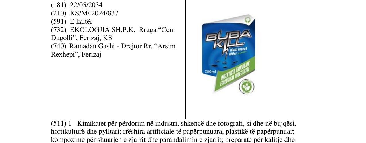 Zëri i markës BUBA KILL në buletin