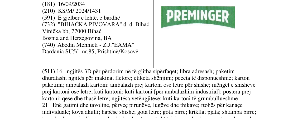 Zëri i markës PREMINGER në buletin