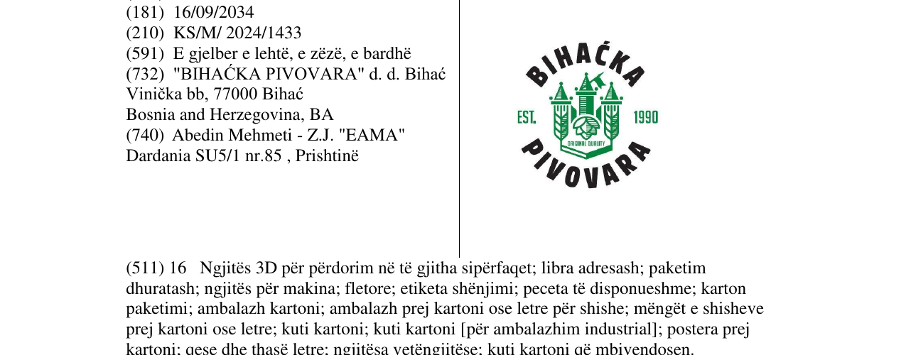 Zëri i markës BIHACKA PIVOVARA në buletin