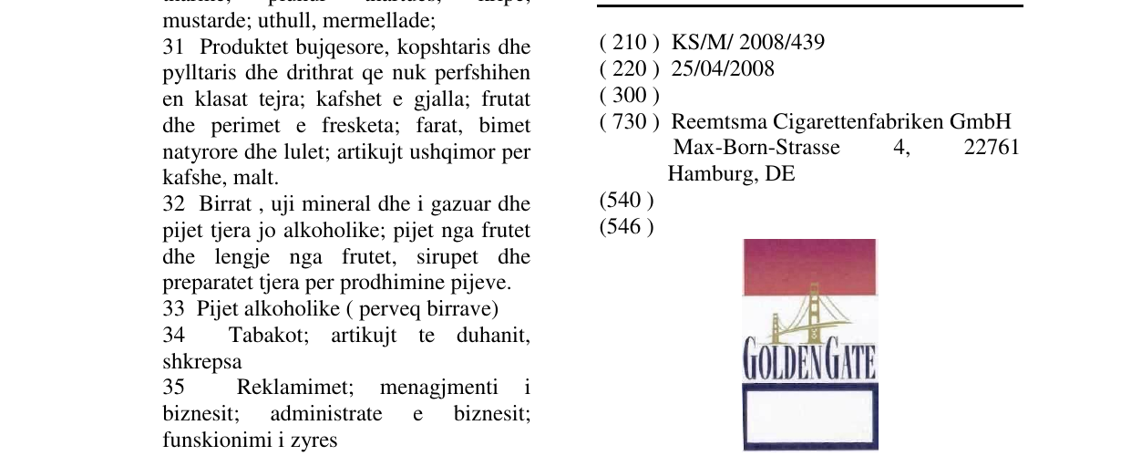 Zëri i markës GOLDEN GATE në buletin