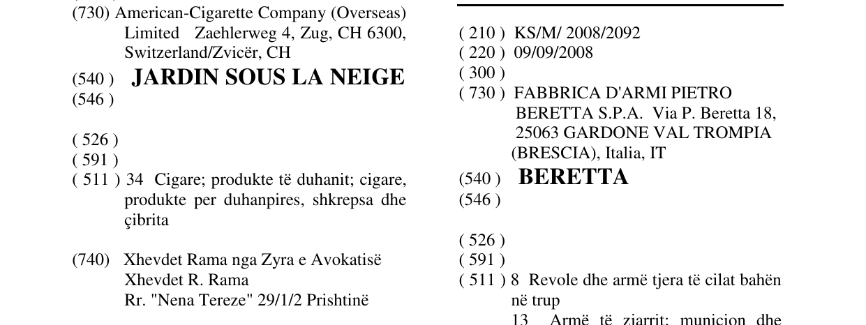 Zëri i markës BERETTA në buletin