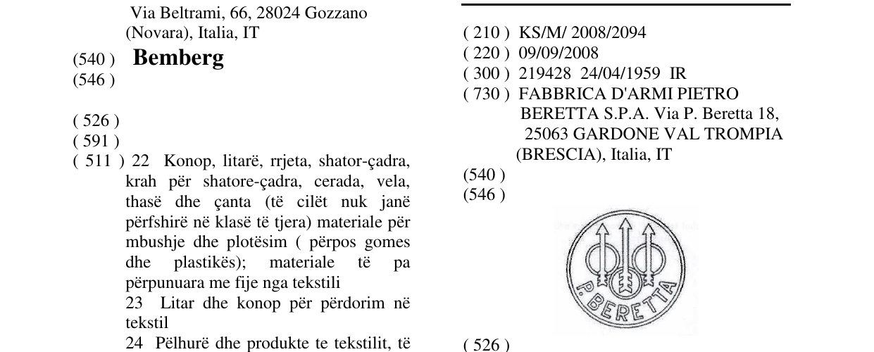 Zëri i markës P. BERETTA AND THREE ARROWS DEVICE në buletin
