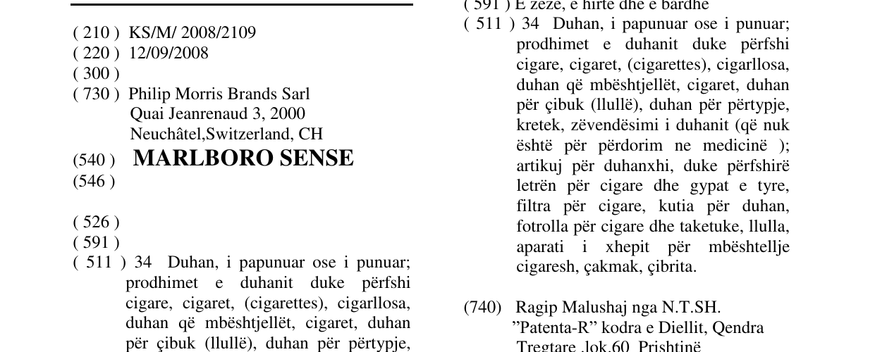 Zëri i markës MARLBORO SENSE në buletin
