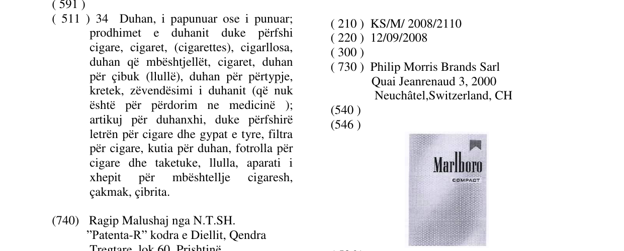 Zëri i markës MARLBORO COMPACT në buletin