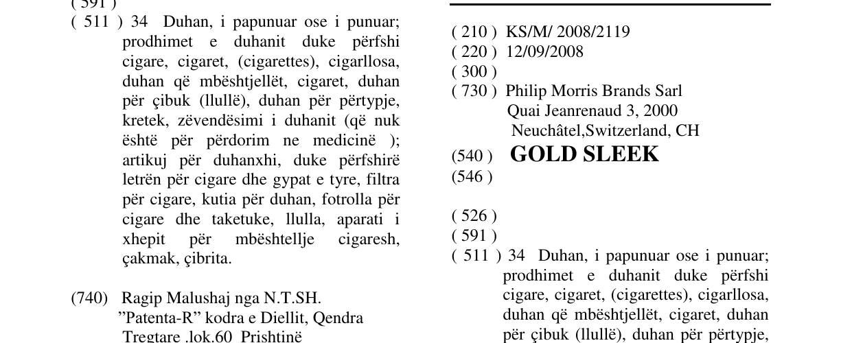 Zëri i markës GOLD SLEEK në buletin
