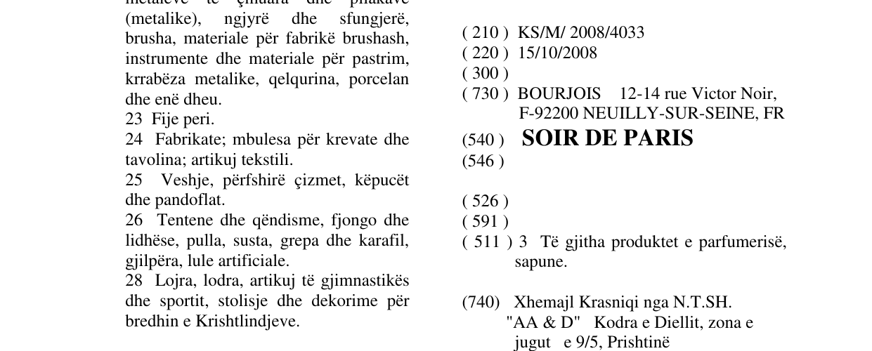 Zëri i markës SOIR DE PARIS në buletin