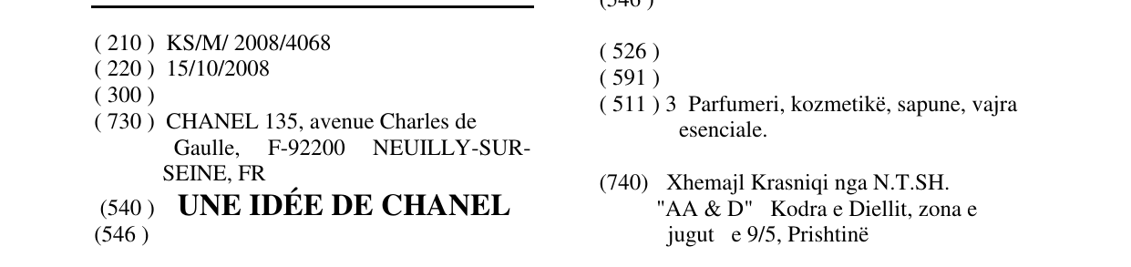 Zëri i markës UNE IDÉE DE CHANEL në buletin