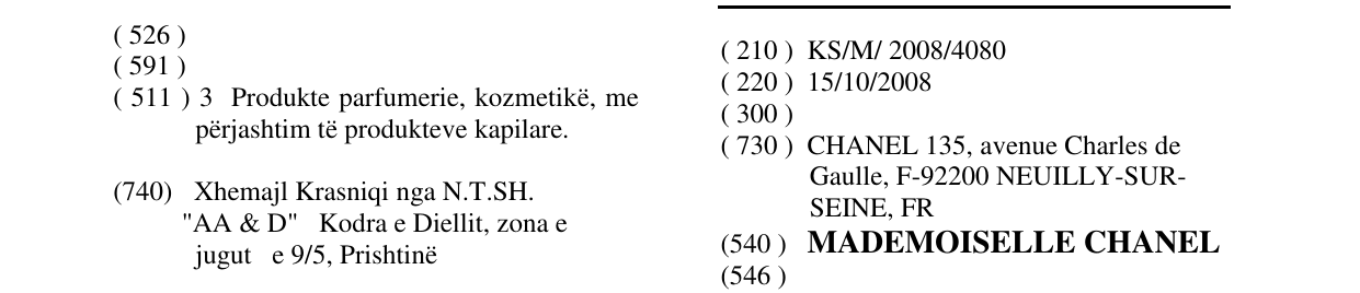 Zëri i markës MADEMOISELLE CHANEL në buletin