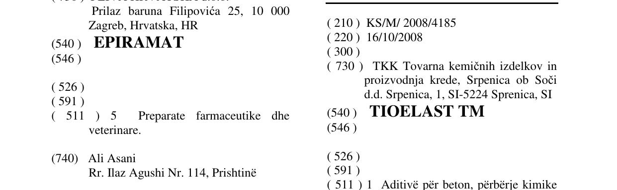 Zëri i markës TIOELAST TM në buletin