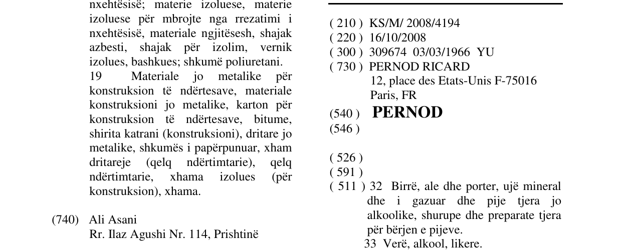 Zëri i markës PERNOD në buletin