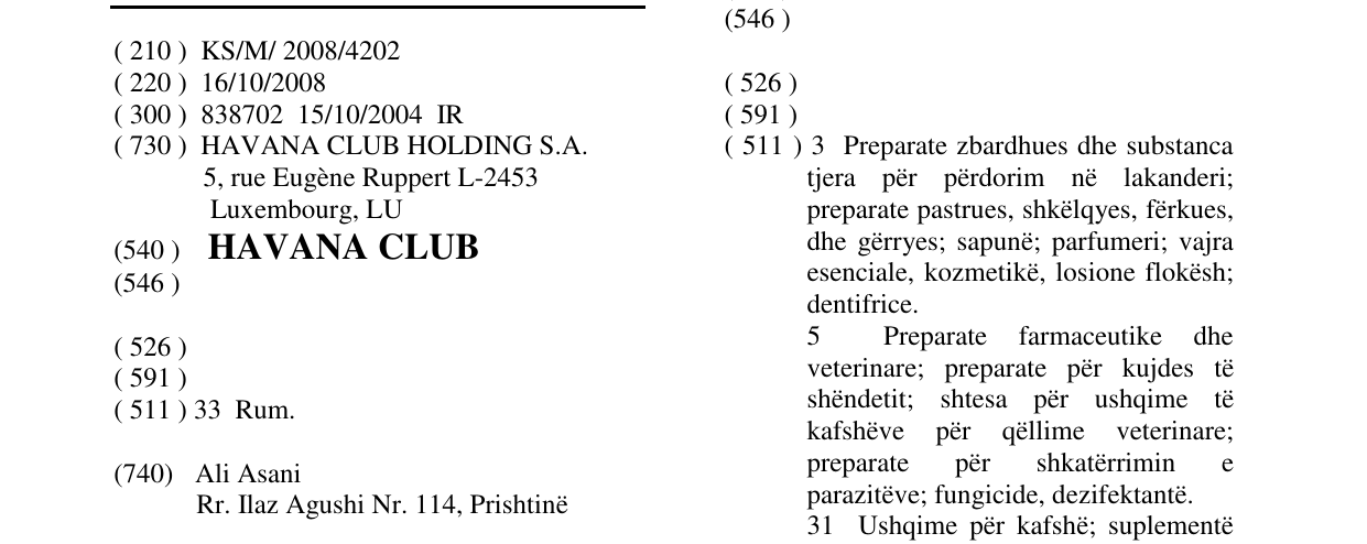 Zëri i markës HAVANA CLUB në buletin