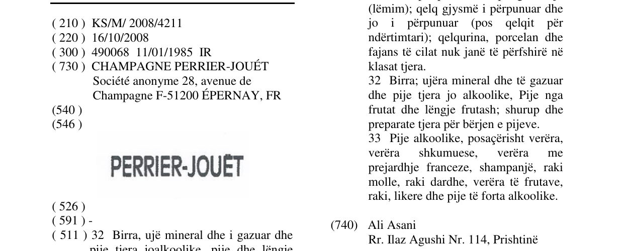Zëri i markës PERRIER-JOUËT në buletin