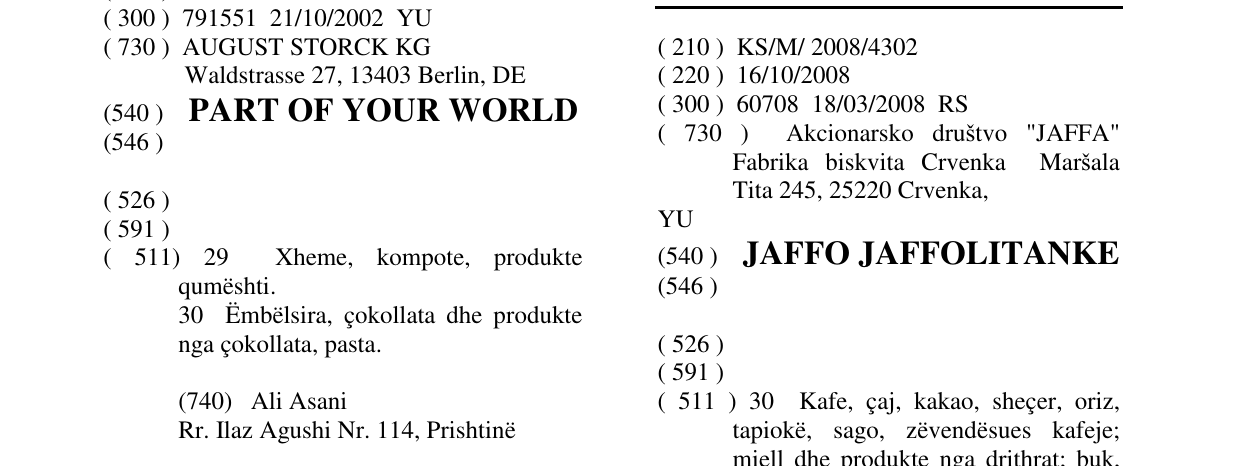 Zëri i markës JAFFO JAFFOLITANKE në buletin