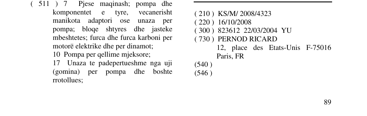 Zëri i markës PERNOD në buletin