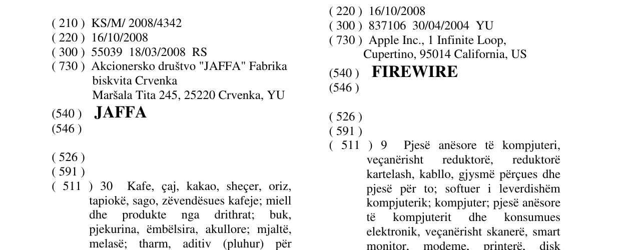 Zëri i markës JAFFA në buletin