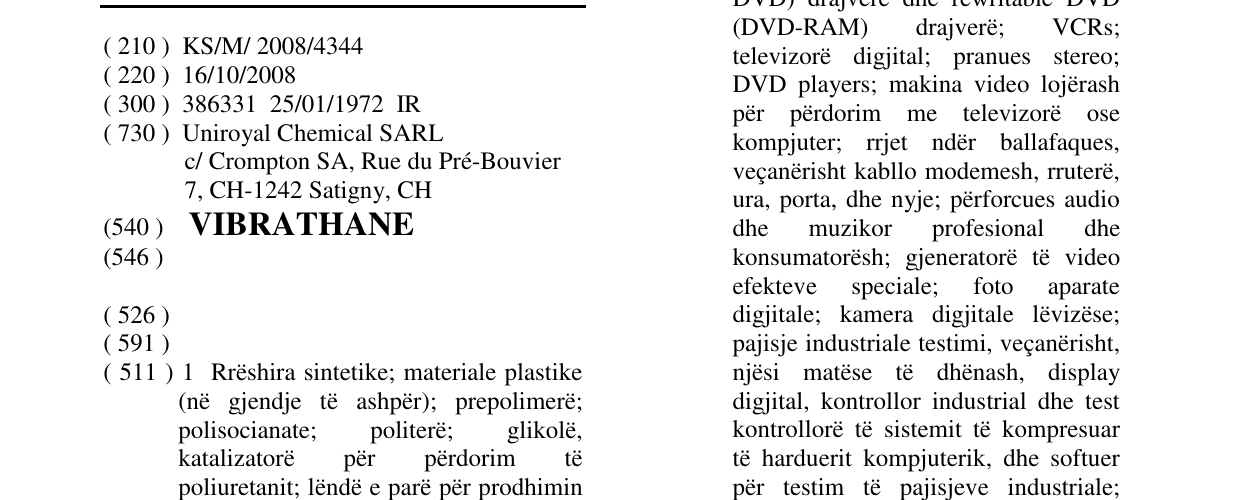 Zëri i markës VIBRATHANE në buletin