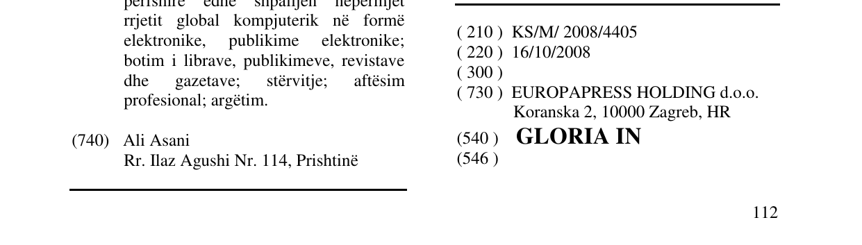 Zëri i markës GLORIA IN në buletin