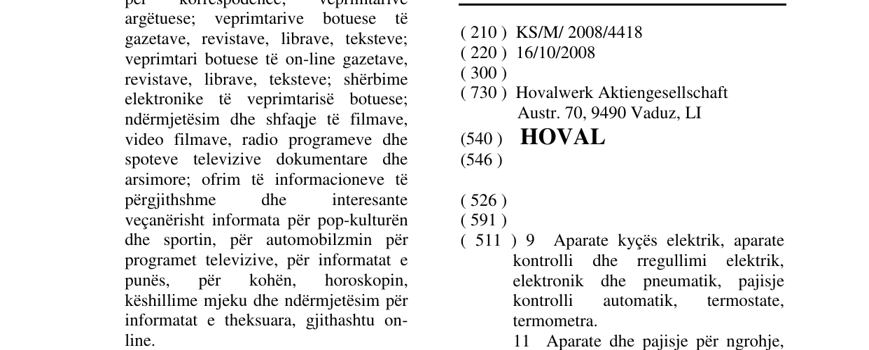 Zëri i markës HOVAL në buletin