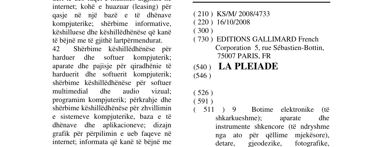 Zëri i markës LA PLEIADE në buletin