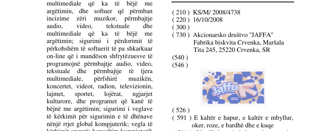 Zëri i markës JAFFO Jaffolitanke në buletin