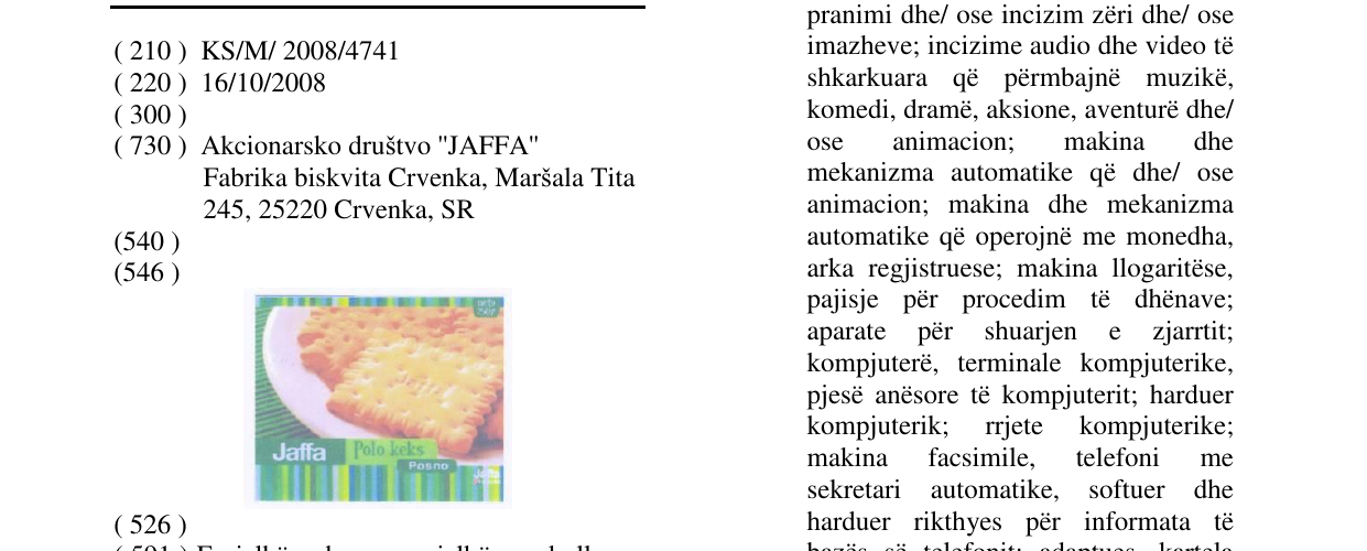 Zëri i markës JAFFA POLO KEKS në buletin