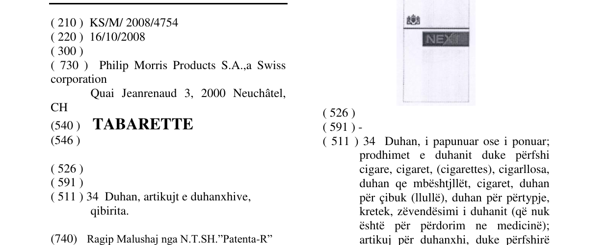 Zëri i markës TABARETTE në buletin