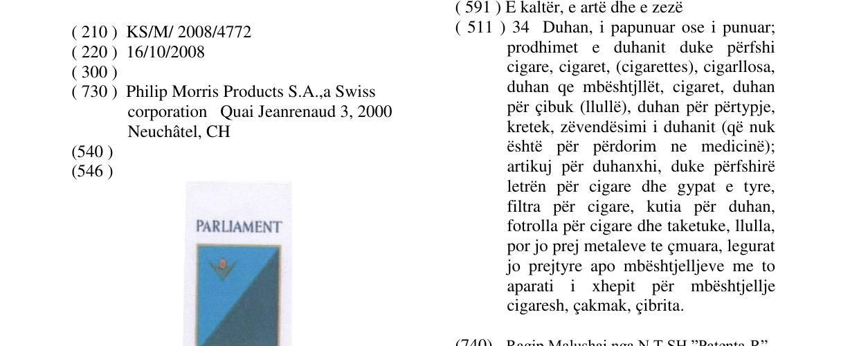 Zëri i markës PARLIAMENT në buletin