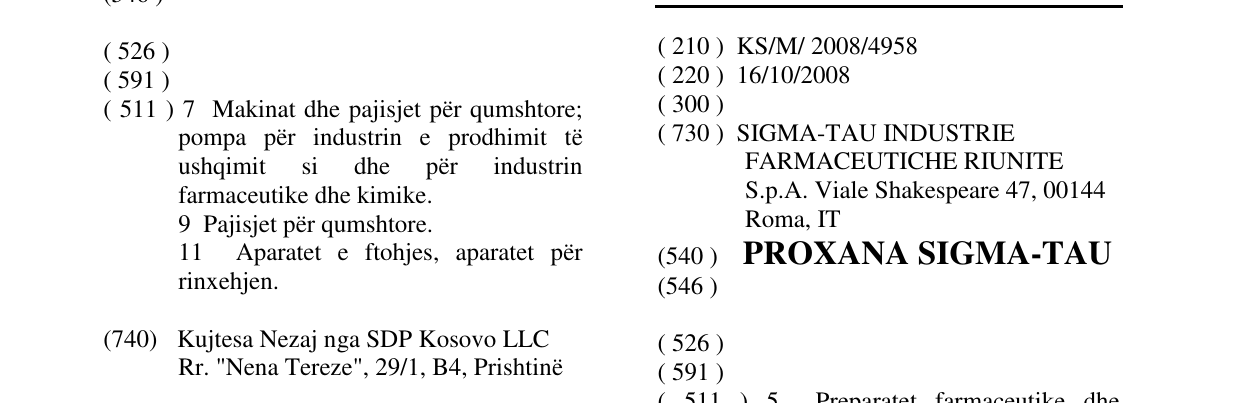 Zëri i markës PROXANA SIGMA -TAU në buletin