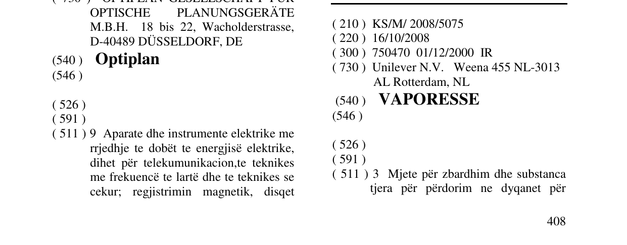 Zëri i markës VAPORESSE në buletin