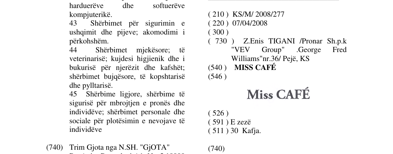 Zëri i markës MISS CAFÉ në buletin