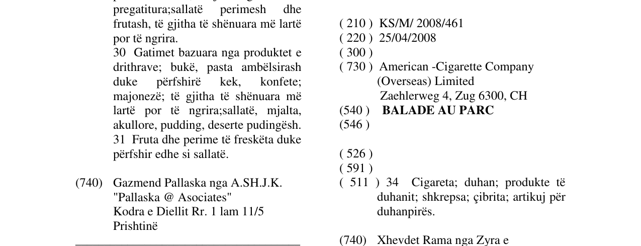 The entry of the trademark BALADE AU PARC in the bulletin