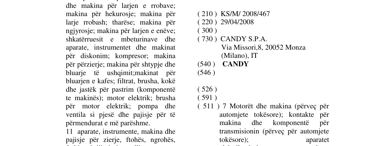 The entry of the trademark CANDY in the bulletin