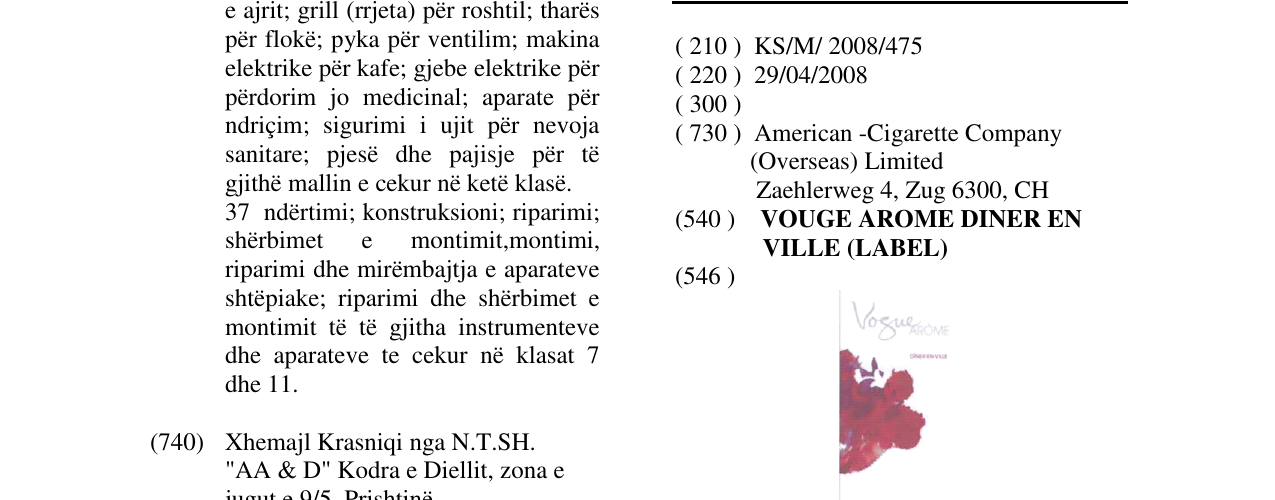Zëri i markës VOUGE AROME DINER EN VILLE (LABEL) në buletin