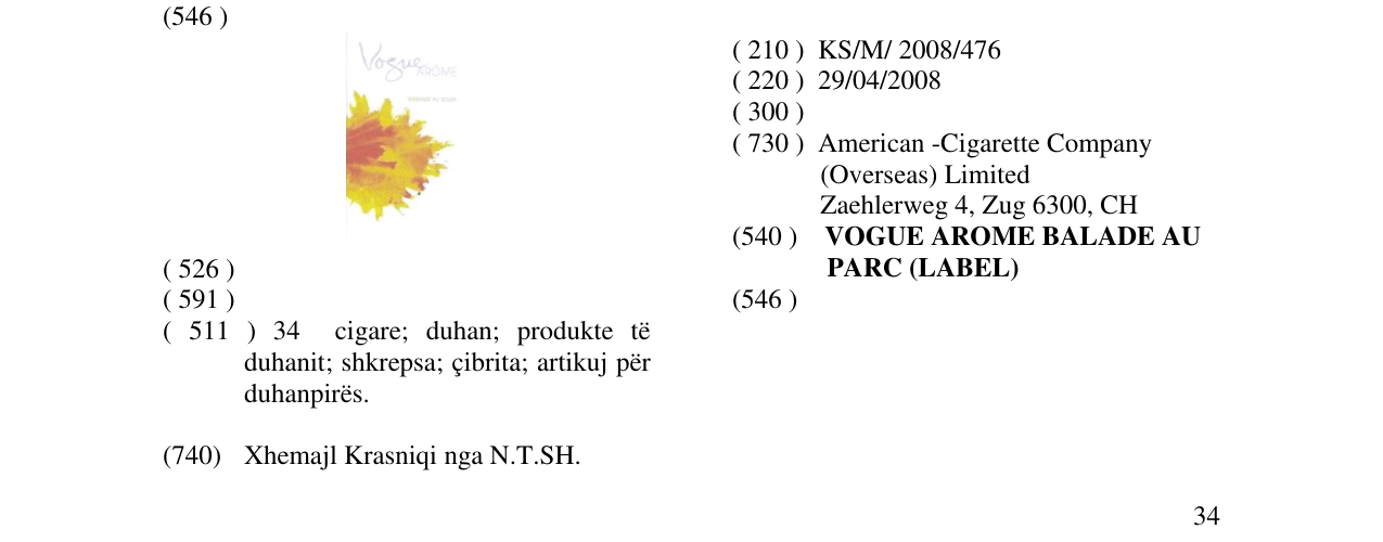 Zëri i markës VOGUE AROME BALADE AU PARC (LABEL) në buletin