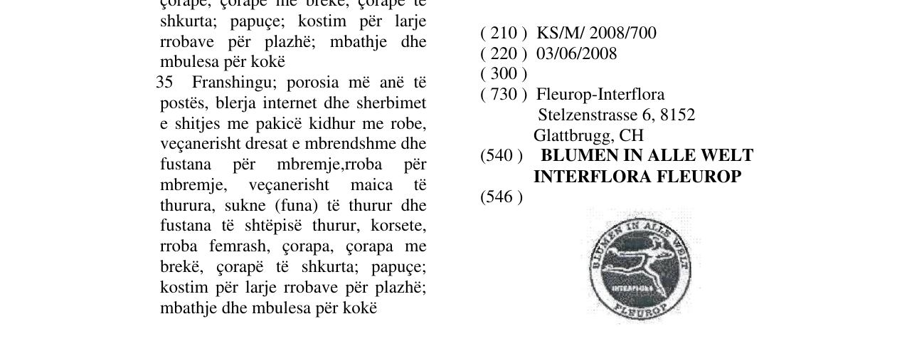 Zëri i markës BLUMEN IN ALLE WELT INTERFLORA FLEUROP në buletin